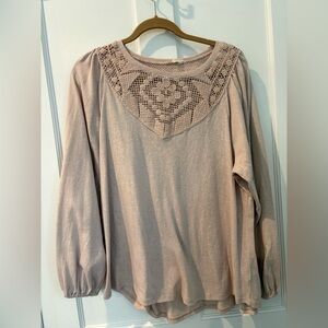Easel Lace Accent Long Sleeve Top - Tan